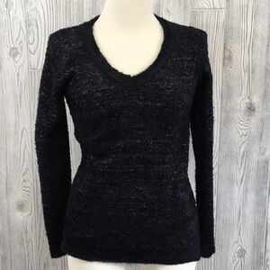 NY collection black metallic silver fuzzy vneck sweater small
